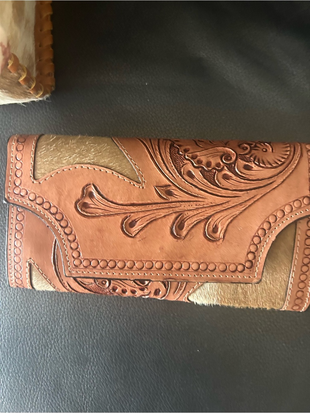 Tooled Leather & Haircalf Fold-Over Wallet - Brown